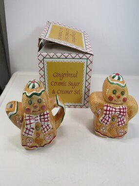 Vintage 1996 Gingerbread Man Ceramic Sugar and Creamer Set Boxed Giftco